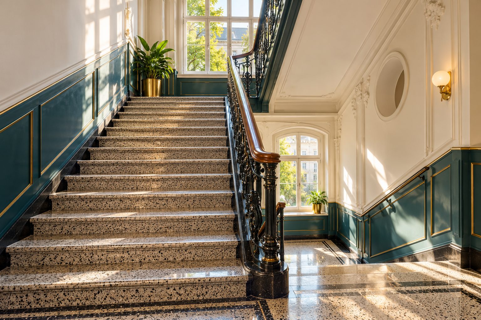 Frisch gereinigtes Altbau-Treppenhaus mit glänzenden Stufen (KI-generierte Illustration)